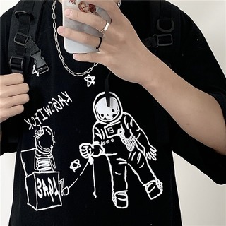 【人気】メンズ 半袖 Tシャツ 3L カップル お揃い ブラック 宇宙飛行士 (Tシャツ/カットソー(半袖/袖なし))