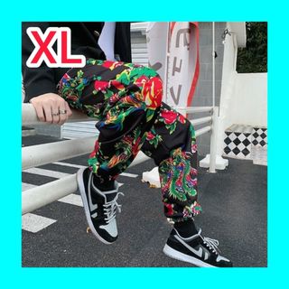 メンズ パンツ 黒 XL ゆったり 柄 ストレート ユニセックス(その他)