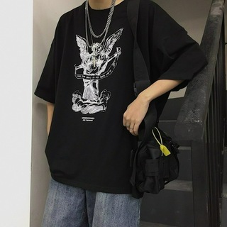 【人気】シャツ  黒 ストリート XL 韓国 ロック ストリート ユニセックス(Tシャツ/カットソー(半袖/袖なし))