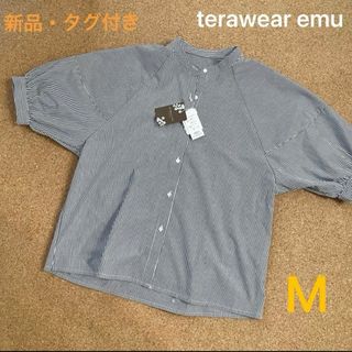 シマムラ(しまむら)の新品タグ付き＊terawear emu ランタンスリーブストライプシャツ M(シャツ/ブラウス(半袖/袖なし))