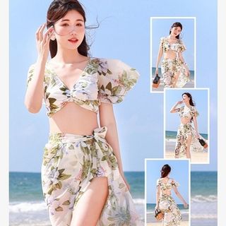 【3点セット♪】レディース　水着　セパレート　花柄　白　袖付き　ハイウエスト(水着)