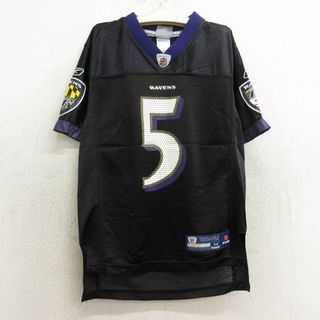 リーボック(Reebok)の古着 リーボック REEBOK 半袖 ビンテージ フットボール Tシャツ キッズ ボーイズ 子供服 00年代 00s NFL ボルチモアレイブンズ ジョーフラッコ 5 メッシュ地 Vネック 黒 ブラック アメフト スーパーボウル ゲームシャツ ユニフォーム 24may17(シャツ/カットソー)