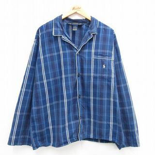 ラルフローレン(Ralph Lauren)のXL★古着 ラルフローレン Ralph Lauren 長袖 ブランド パジャマ シャツ メンズ ワンポイントロゴ コットン 開襟 オープンカラー 紺 ネイビー チェック 24may17 中古 トップス(シャツ)