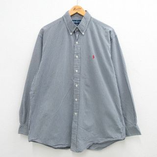 ラルフローレン(Ralph Lauren)のXL★古着 ラルフローレン Ralph Lauren 長袖 ブランド シャツ メンズ 90年代 90s ワンポイントロゴ BLAKE 大きいサイズ ロング丈 コットン ボタンダウン 紺 ネイビー チェック 24may17 中古 トップス(シャツ)