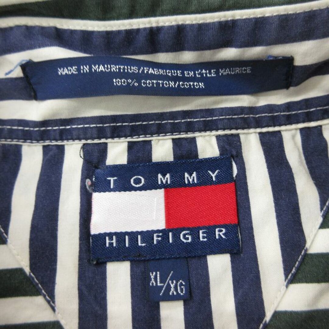 TOMMY HILFIGER(トミーヒルフィガー)のXL★古着 トミーヒルフィガー TOMMY HILFIGER 長袖 ブランド シャツ メンズ 90年代 90s ワンポイントロゴ 大きいサイズ コットン ボタンダウン 緑他 グリーン ボーダー 24may17 中古 トップス メンズのトップス(シャツ)の商品写真