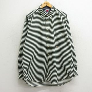 トミーヒルフィガー(TOMMY HILFIGER)のXL★古着 トミーヒルフィガー TOMMY HILFIGER 長袖 ブランド シャツ メンズ 90年代 90s ワンポイントロゴ 大きいサイズ コットン ボタンダウン 緑他 グリーン ボーダー 24may17 中古 トップス(シャツ)