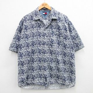 トミーヒルフィガー(TOMMY HILFIGER)のXL★古着 トミーヒルフィガー TOMMY HILFIGER 半袖 ブランド ハワイアン シャツ メンズ 90年代 90s ハイビスカス 大きいサイズ コットン 開襟 オープンカラー 紺他 ネイビー 24may17 中古 アロハ トップス(シャツ)