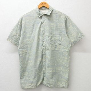 L★古着 半袖 ハワイアン シャツ メンズ 90年代 90s ハワイ パラダイス コットン USA製 薄緑系 グリーン 24may17 中古 アロハ トップス(シャツ)