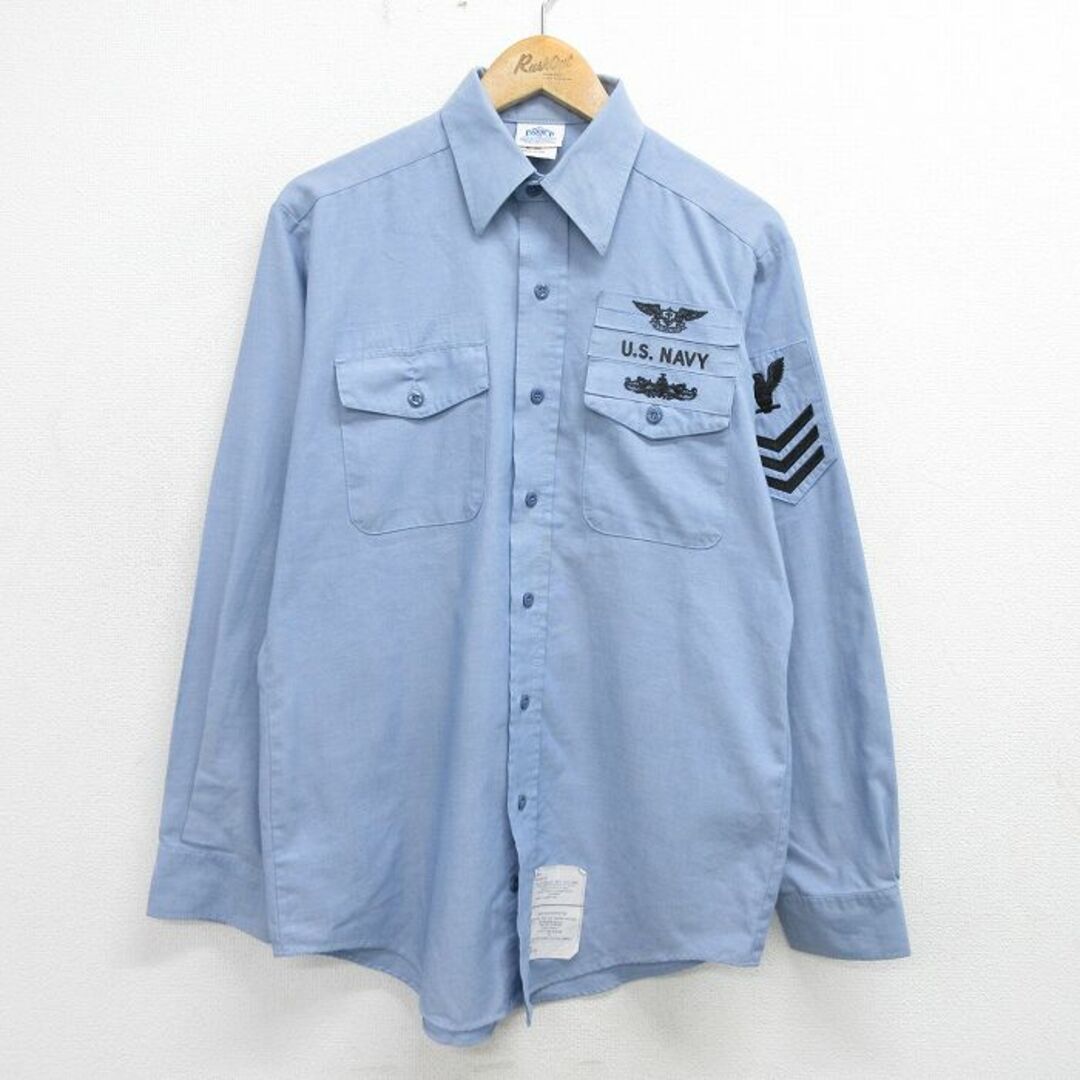 L★古着 長袖 ミリタリー シャツ メンズ 90年代 90s USネイビー NAVY USA製 薄紺 ネイビー 24may17 中古 トップス メンズのトップス(シャツ)の商品写真