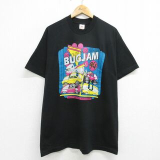 フルーツオブザルーム(FRUIT OF THE LOOM)のL★古着 フルーツオブザルーム 半袖 ビンテージ Tシャツ メンズ 90年代 90s BUGJAM 車 ロング丈 コットン クルーネック USA製 黒 ブラック 【spe】 24may17 中古(Tシャツ/カットソー(半袖/袖なし))