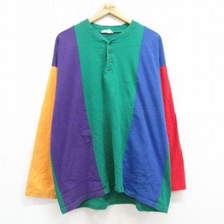 XL★古着 長袖 ビンテージ Tシャツ メンズ 90年代 90s マルチカラー 大きいサイズ コットン クルーネック USA製 緑他 グリーン 24may17 中古(Tシャツ/カットソー(半袖/袖なし))