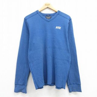 アバクロンビーアンドフィッチ(Abercrombie&Fitch)のXL★古着 アバクロンビー Abercrombie&fitch 長袖 ビンテージ Tシャツ メンズ 90年代 90s ワンポイントロゴ コットン Vネック 青 ブルー 24may17 中古(Tシャツ/カットソー(半袖/袖なし))