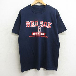 XL★古着 半袖 ビンテージ Tシャツ メンズ 00年代 00s MLB ボストンレッドソックス クルーネック 紺 ネイビー メジャーリーグ ベースボール 野球 24may17 中古(Tシャツ/カットソー(半袖/袖なし))