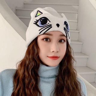 ニット帽 猫 ホワイト 帽子 ユニセックス メンズ レディース 韓国 カジュアル(ニット帽/ビーニー)