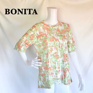 【BONITA】花柄　部分シアー　綿60%カットソー　（株）サンロマン(カットソー(半袖/袖なし))