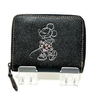 コーチ(COACH)のCOACH(コーチ) 2つ折り財布 - 黒×白×ピンク ミニーマウス/ラウンドファスナー/Disneyコラボ レザー(財布)