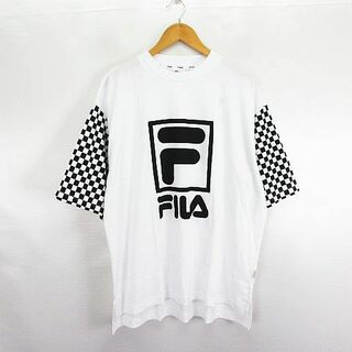 FILA - フィラ Tシャツ 半袖 クルーネック ロゴ 市松格子 XL ホワイト×ブラック