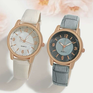 2個セット ローズゴールド ホワイト & ライト ブルー  レザー 腕時計 (腕時計)