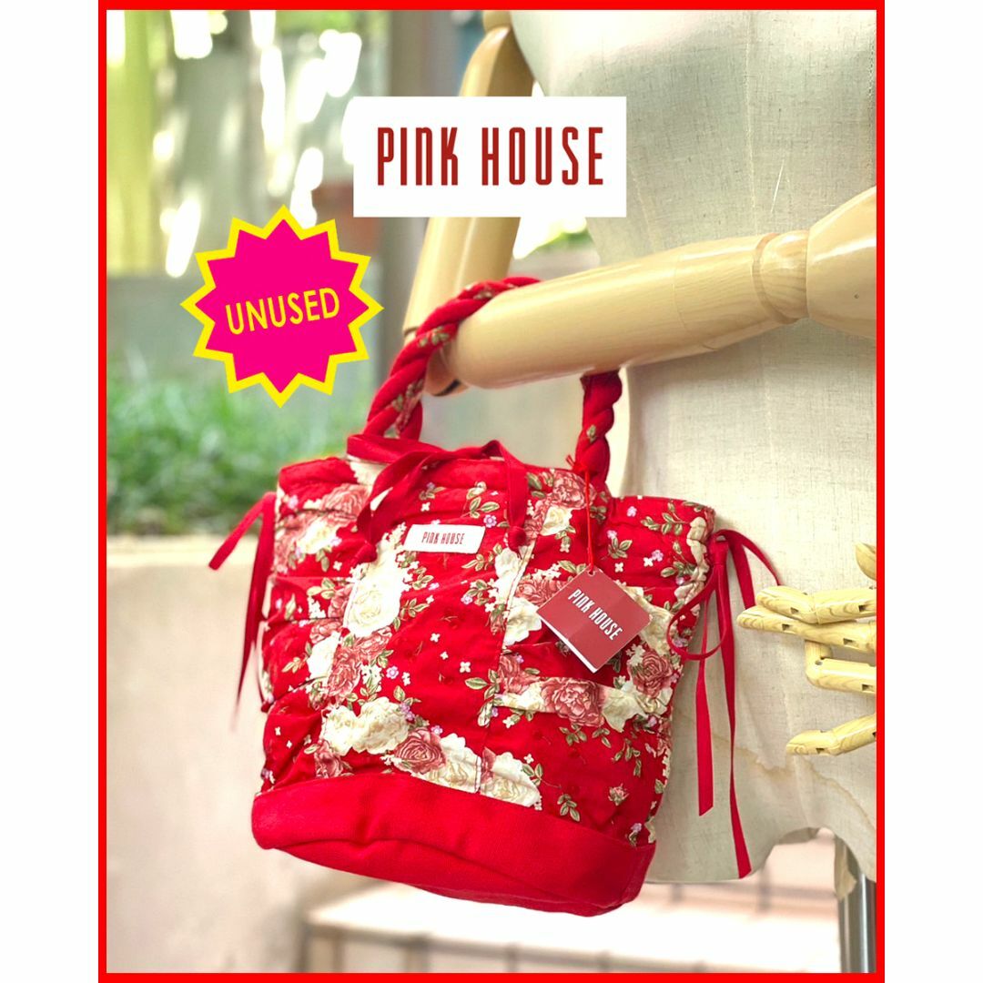 PINK HOUSE(ピンクハウス)の☆未使用ﾀｸﾞ付☆ﾚｯﾄﾞ花柄巾着B5縦ﾄｰﾄBAG【PINKHOUSE】送料込 レディースのバッグ(トートバッグ)の商品写真