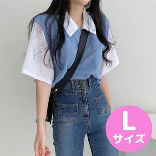 【新品】半袖 重ね着風 Tシャツ ゆったりタイプトップス プルオーバー 韓国(カットソー(長袖/七分))