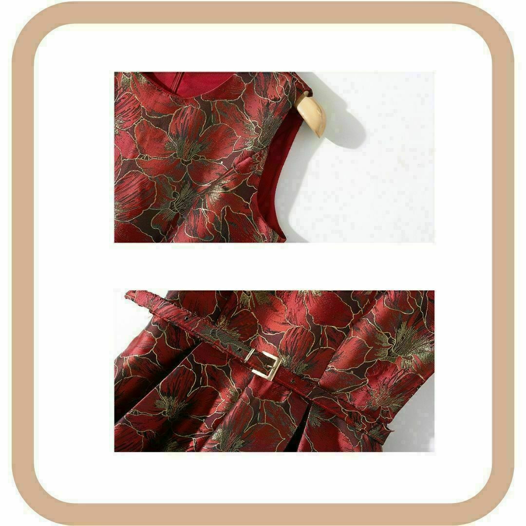 結婚式 パーティー ドレス 赤 XL 金糸ジャガード 花柄 ワンピース 高級感 レディースのフォーマル/ドレス(ミディアムドレス)の商品写真