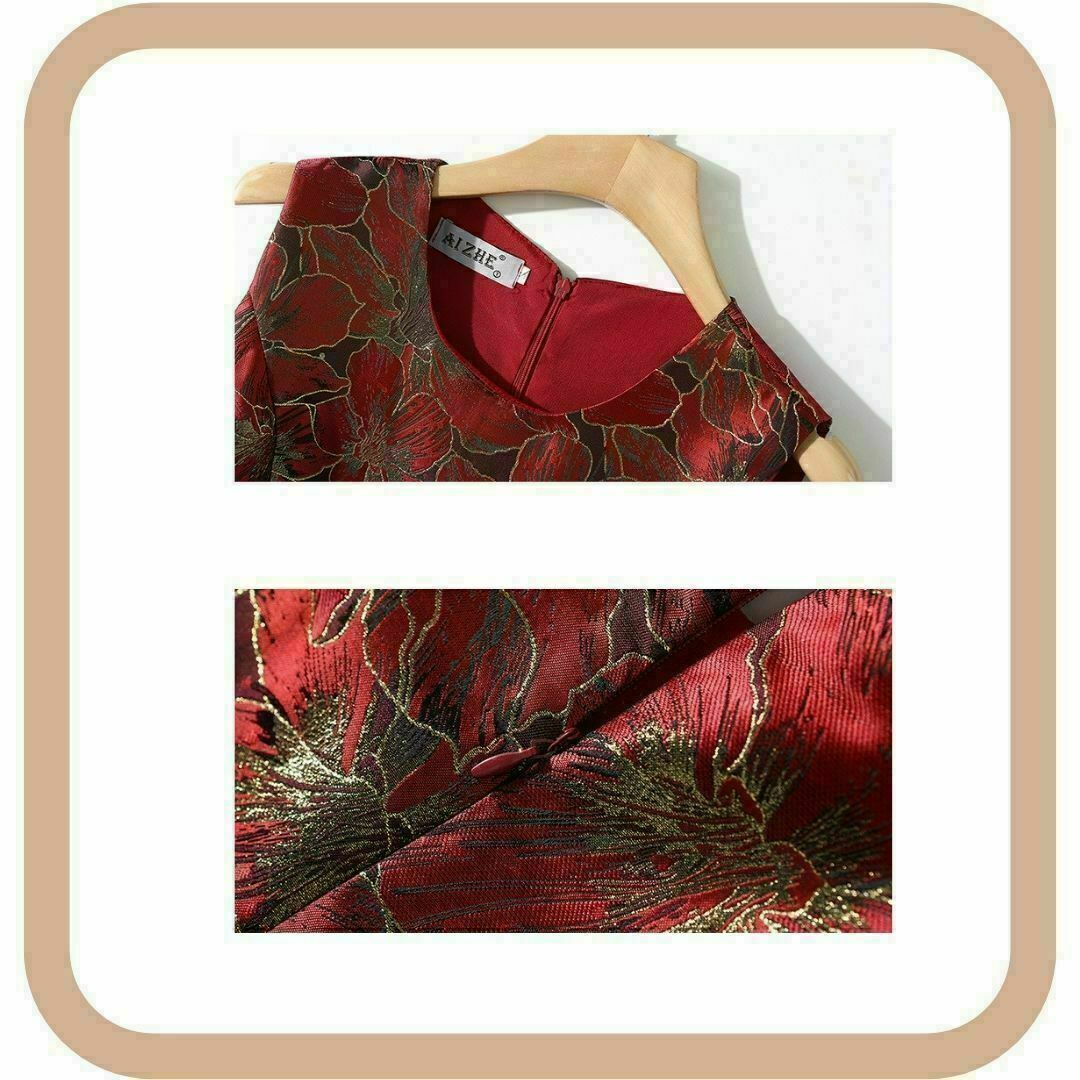 結婚式 パーティー ドレス 赤 XL 金糸ジャガード 花柄 ワンピース 高級感 レディースのフォーマル/ドレス(ミディアムドレス)の商品写真