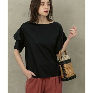 オペークドットクリップ(OPAQUE.CLIP)のオペークドットクリップ　シルキースーピマ フリルスリーブカットソー　S ブラック(Tシャツ(半袖/袖なし))