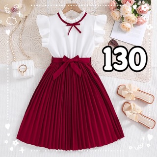 子供服　ノースリーブワンピース　プリーツスカート　赤　白　女の子　130(ワンピース)