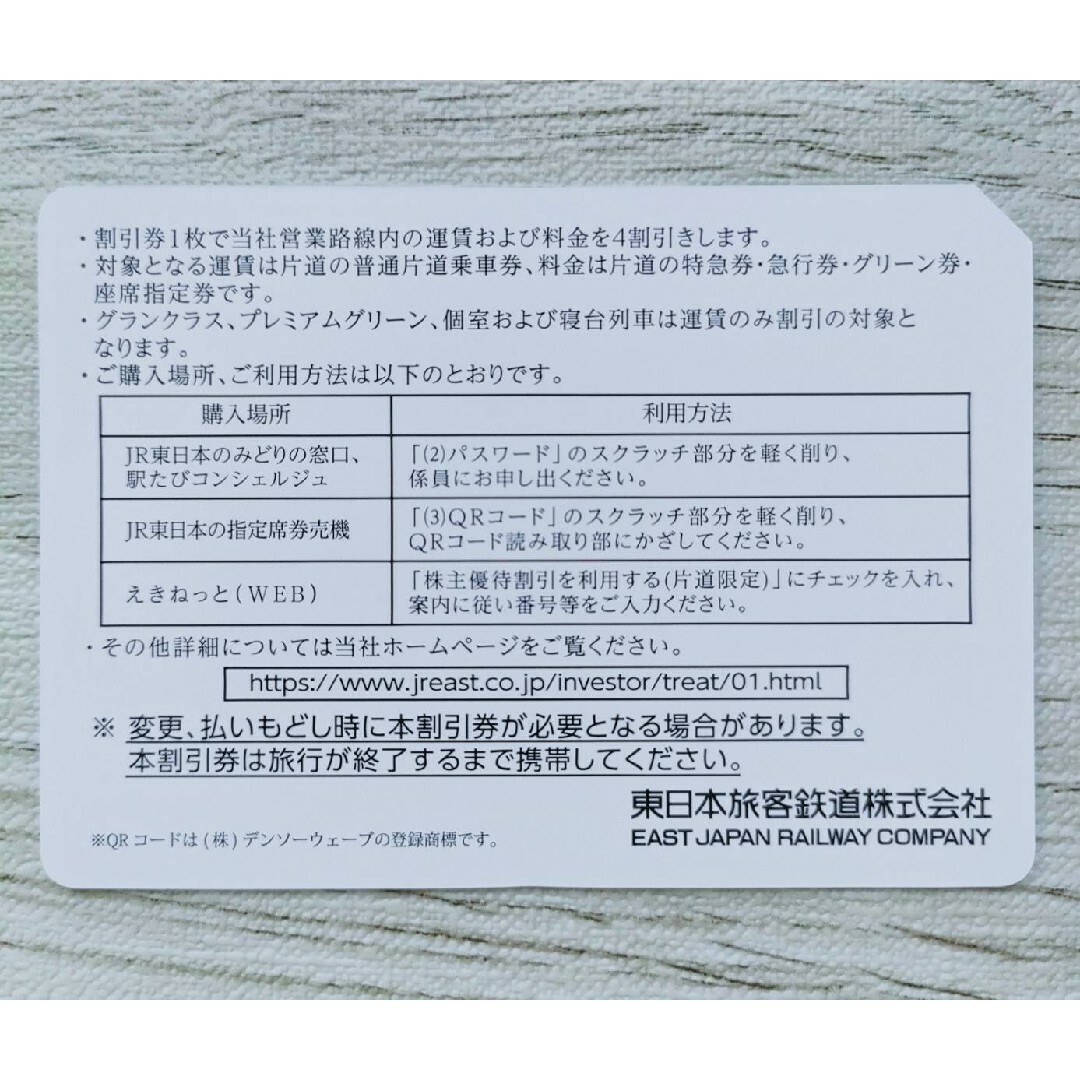 JR東日本 株主優待券 1枚 JR東 チケットの優待券/割引券(その他)の商品写真