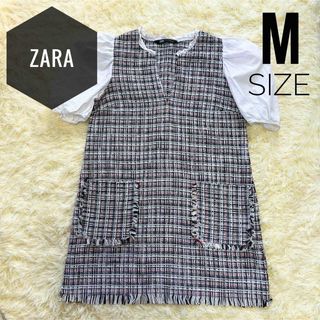 ザラ(ZARA)のZARA ツイード パフスリーブ ワンピース M ザラ 膝丈 白 ミニワンピース(ミニワンピース)