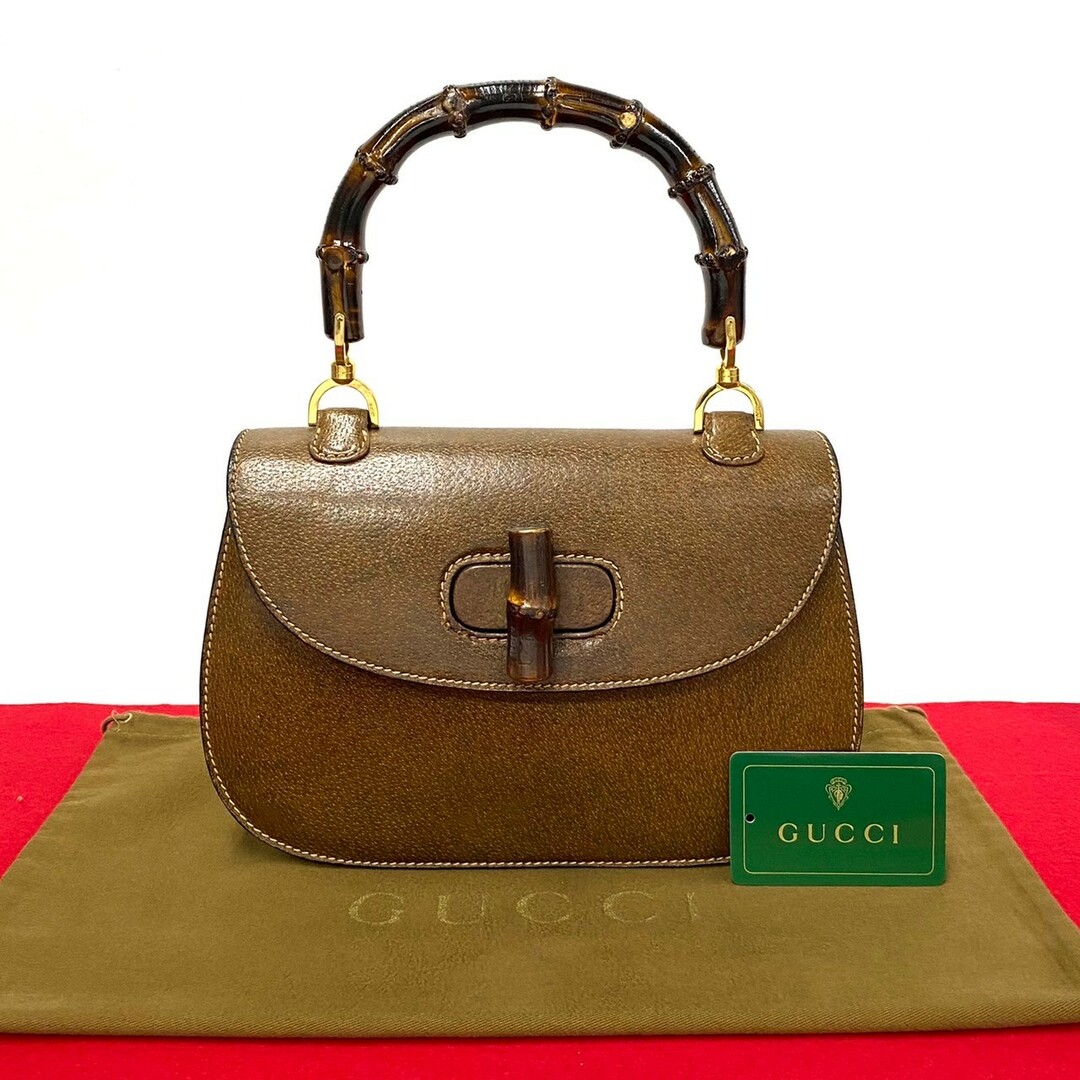 Gucci(グッチ)のほぼ 未使用 保存袋付 GUCCI グッチ オールドグッチ ヴィンテージ バンブー レザー 本革 ターンロック ハンドバッグ ブラウン 20539 レディースのバッグ(ハンドバッグ)の商品写真