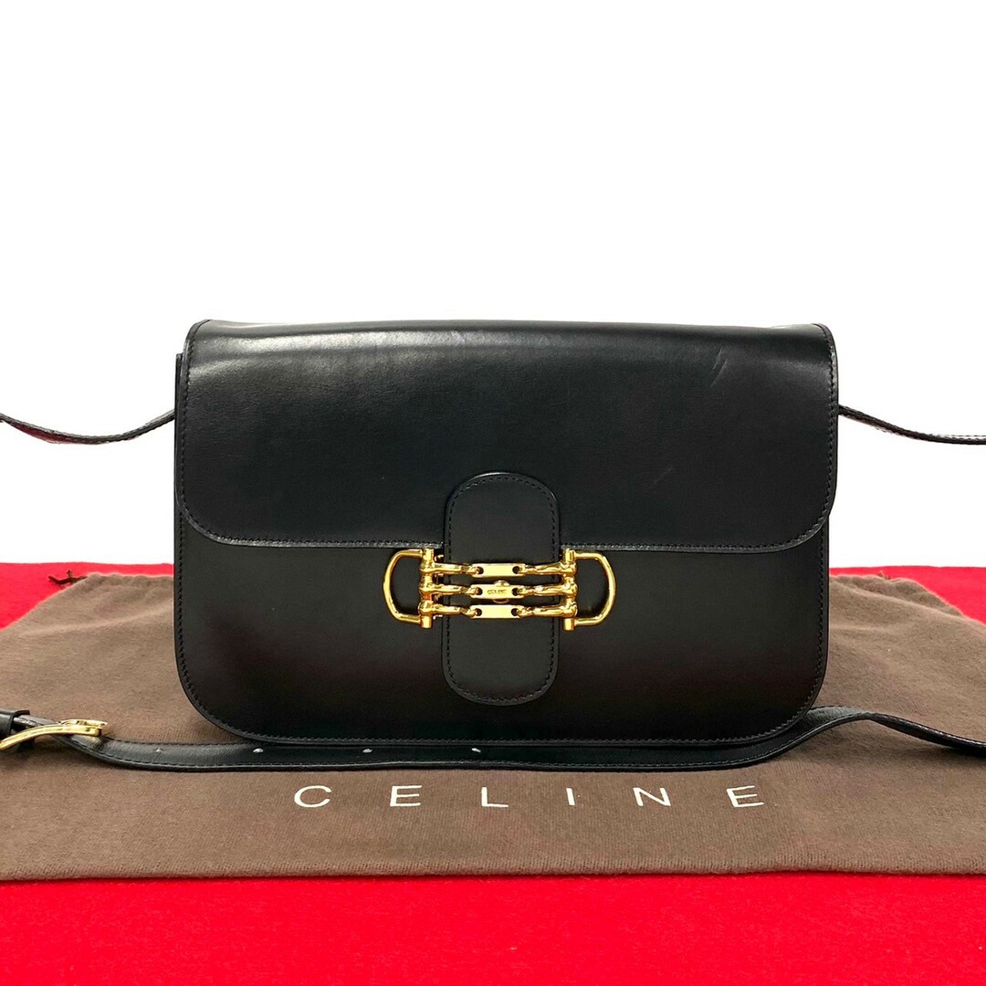 celine(セリーヌ)のほぼ 未使用 CELINE セリーヌ ヴィンテージ ホースビット ロゴ 金具 カーフ レザー 本革 ミニ ショルダーバッグ ポシェット ブラック 27042 レディースのバッグ(ショルダーバッグ)の商品写真