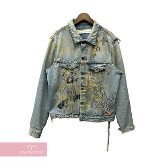 OFF-WHITE Vintage Denim Jacket OMYE049F19386044 オフホワイト ヴィンテージデニムジャケット ウォッシュ・ダメージ加工 ペンキ風加工 イラストプリント インディゴ サイズXL 【240517】【中古-A】【me04】