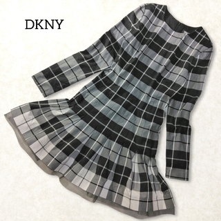 DKNY ✿ ダナキャラン 裾レース チェック ワンピース 4 長袖 黒 白