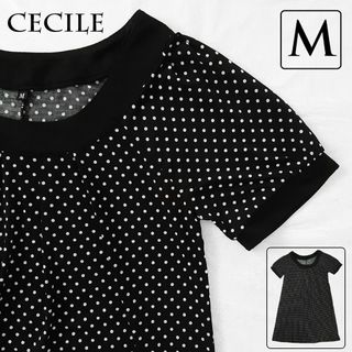 セシール(cecile)のセシール チュニック ワンピース トップス M 半袖 ドット 水玉 ブラック 黒(チュニック)