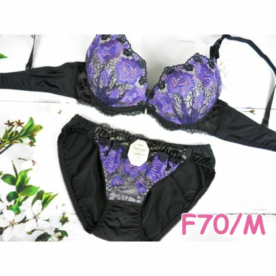 026★F70 M★ブラショーツセット ローズモチーフ フラワー刺繍 紫 レディースの下着/アンダーウェア(ブラ&ショーツセット)の商品写真