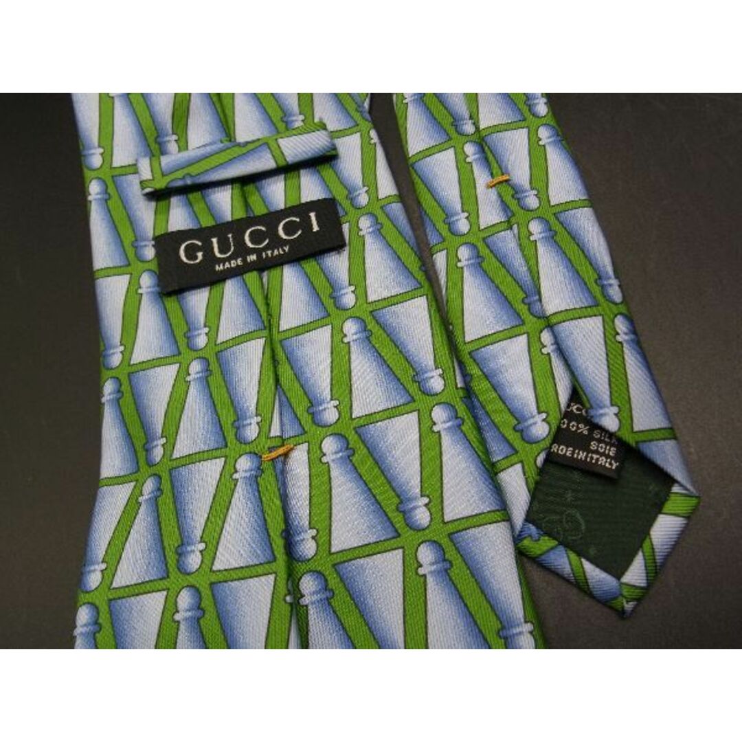Gucci(グッチ)の■美品■ GUCCI グッチ シルク100% チェス柄 ネクタイ 紳士 ビジネス メンズ グリーン系×ライトブルー系 DE2005 メンズのファッション小物(ネクタイ)の商品写真
