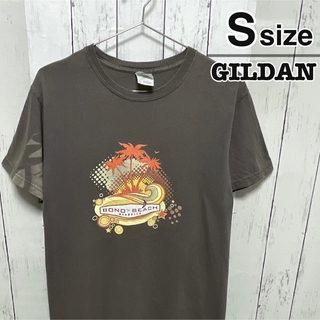 GILDAN - USA古着　GILDAN　Tシャツ　S　グレー　プリント　ビーチ　ロゴ　ブリーチ