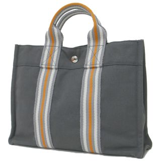 エルメス(Hermes)のHERMES エルメス バッグ トート ミニ ハンド スクエア ドットボタン ライン キャンバス Fourre tout フールトゥ PMAGE ビンテージ コットン 限定 グレー フランス製 【レディース】【中古】(トートバッグ)