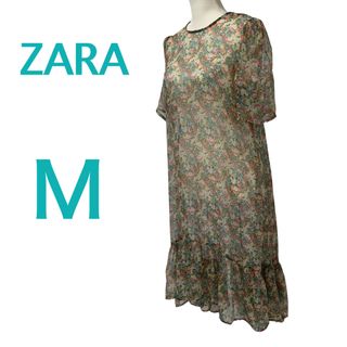 ザラ(ZARA)の【美品】ZARA☆シアーフィッシュテールミモレ丈ワンピース☆花柄(ロングワンピース/マキシワンピース)