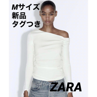 【完売品】ZARA ギャザーTシャツ　白　Mサイズ　新品未使用タグつき
