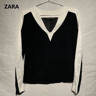 ザラ(ZARA)のZARA トップ USA XS Vネック グランジ ブラック ホワイト Y2K(Tシャツ(長袖/七分))