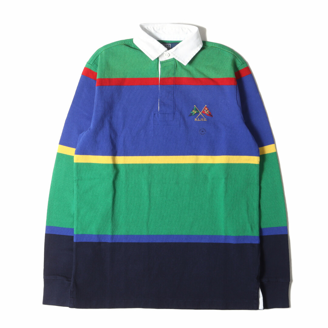 POLO RALPH LAUREN(ポロラルフローレン)の新品 POLO Ralph Lauren ポロ ラルフローレン サイズ:XS フラッグ刺繍 ボーダー ラガーシャツ CLASSIC FIT ブルー グリーン トップス ポロシャツ 長袖【メンズ】 メンズのトップス(ポロシャツ)の商品写真