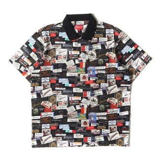 シュプリーム(Supreme)の美品 Supreme シュプリーム ポロシャツ サイズ:S 21SS ラベル総柄 鹿の子 半袖ポロシャツ Labels Polo ブラック 黒 トップス カットソー【メンズ】【中古】(ポロシャツ)