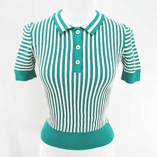 ザラ(ZARA)のザラ ストライプ柄 半袖 ニット セーター ポロシャツ S 緑系 グリーン リブ(ポロシャツ)
