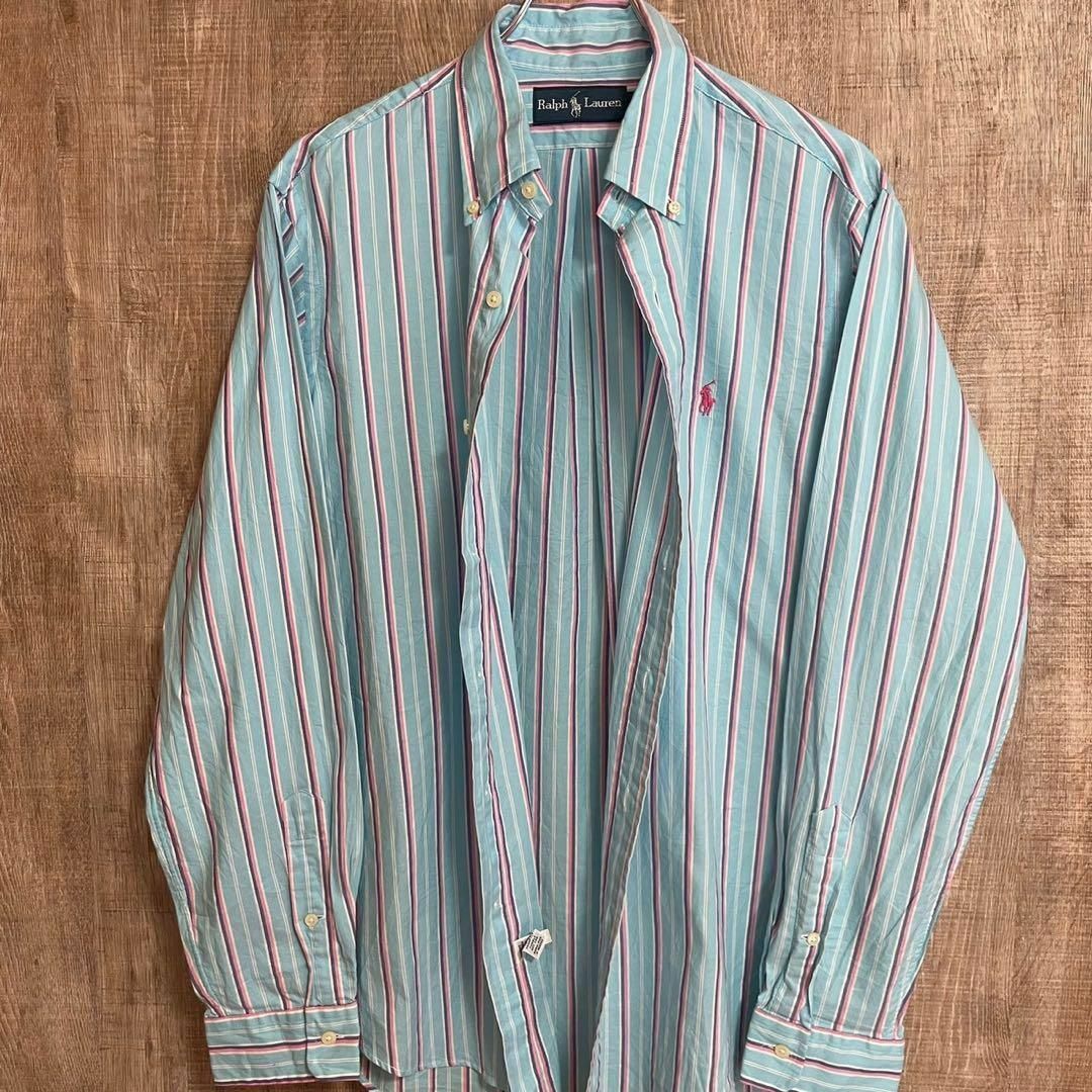 Ralph Lauren(ラルフローレン)のRalph Lauren ラルフローレン　BDシャツ　水色ストライプ　M刺繍ロゴ メンズのトップス(Tシャツ/カットソー(七分/長袖))の商品写真