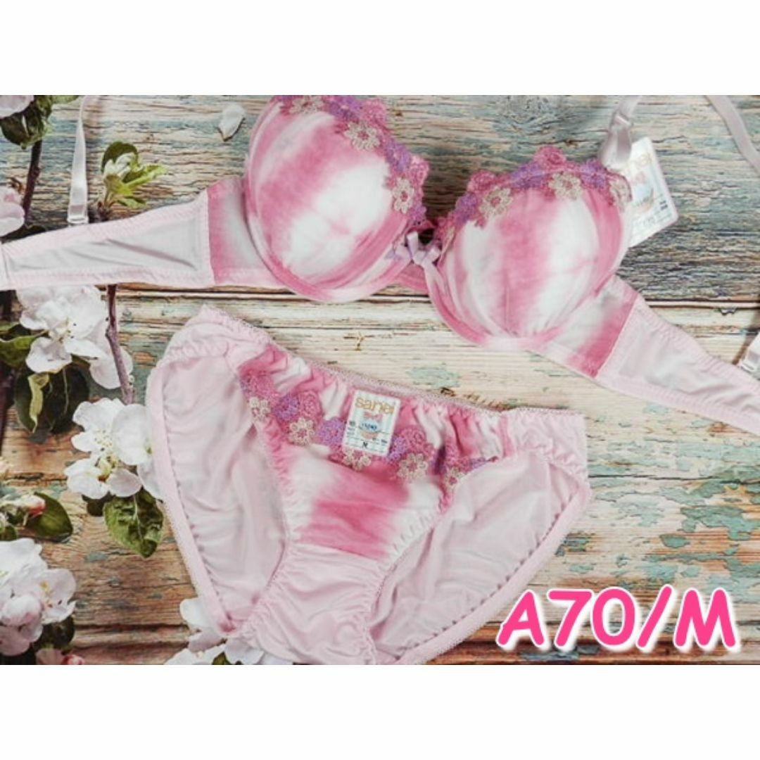 049★A70 M★ブラショーツセット Wパッド グラデーション 花刺繍 ピンク レディースの下着/アンダーウェア(ブラ&ショーツセット)の商品写真