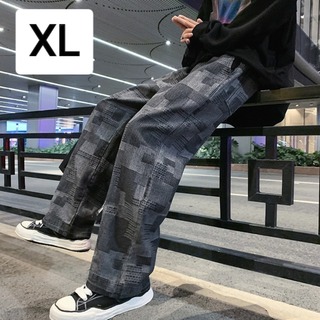 メンズパンツ ワイドパンツ カジュアル パッチワーク ストリート ゆったり XL(デニム/ジーンズ)