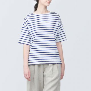 ムジルシリョウヒン(MUJI (無印良品))の無印良品ボーダーボートネックTシャツMサイズブルーボーダー新品！ゆったり着やすい(Tシャツ(半袖/袖なし))