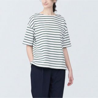 ムジルシリョウヒン(MUJI (無印良品))の無印良品ボーダーボートネックTシャツLサイズ グリーンボーダー 新品！着やすい(Tシャツ(半袖/袖なし))